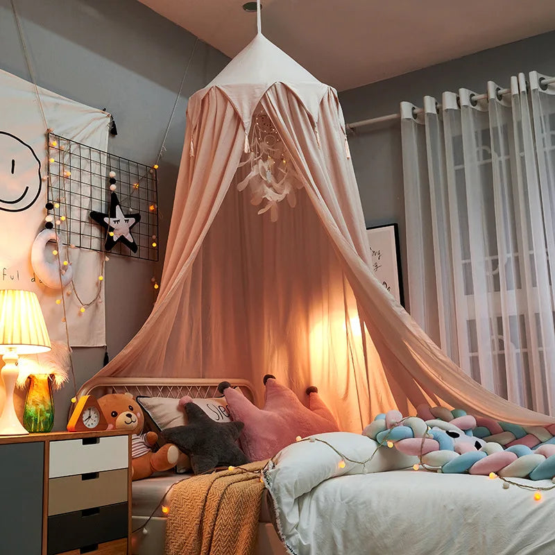 Kids Bed Canopy with Tassels & Frill Detail – White, Pink & Grey Nursery Decor