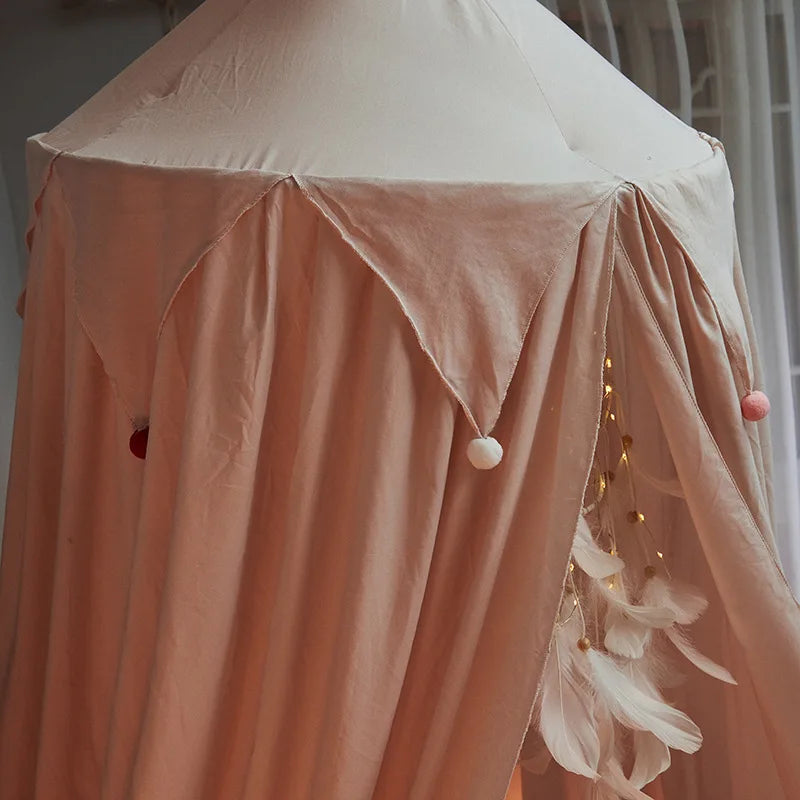 Kids Bed Canopy with Tassels & Frill Detail – White, Pink & Grey Nursery Decor