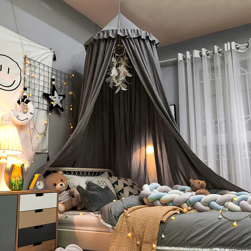 Kids Bed Canopy with Tassels & Frill Detail – White, Pink & Grey Nursery Decor
