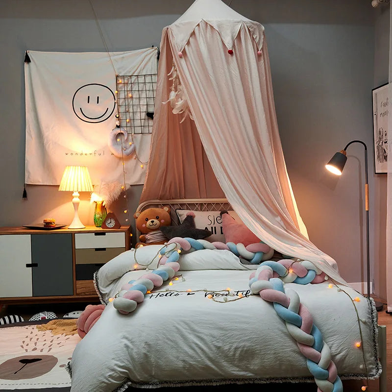 Kids Bed Canopy with Tassels & Frill Detail – White, Pink & Grey Nursery Decor