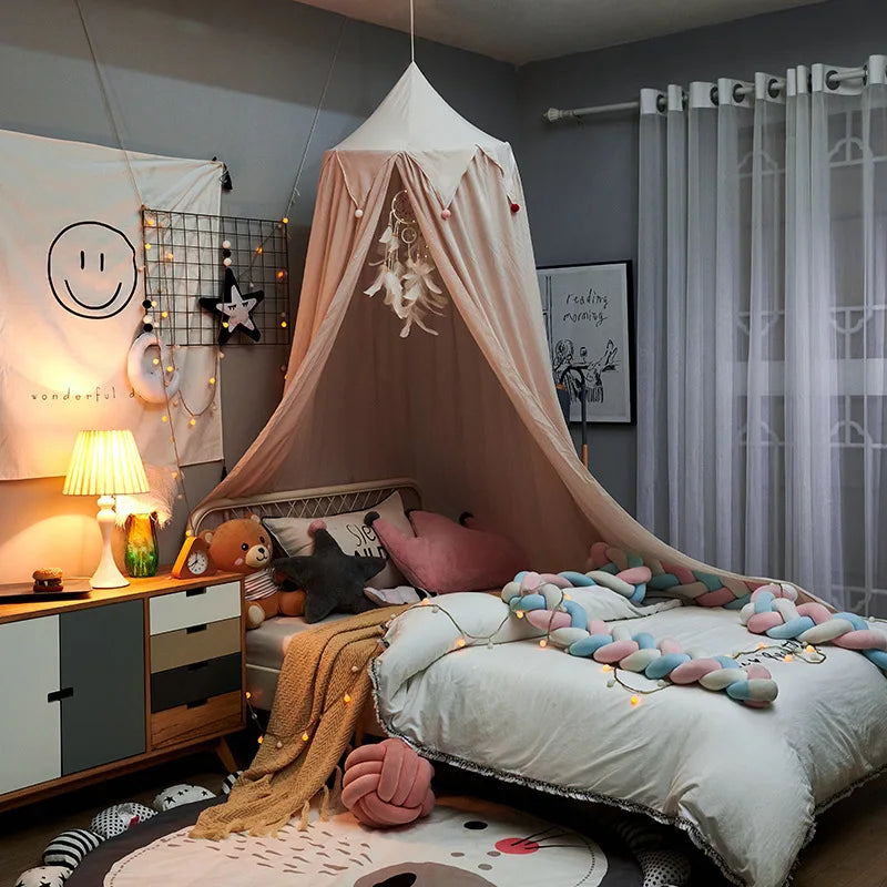 Kids Bed Canopy with Tassels & Frill Detail – White, Pink & Grey Nursery Decor