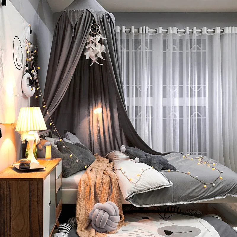 Kids Bed Canopy with Tassels & Frill Detail – White, Pink & Grey Nursery Decor