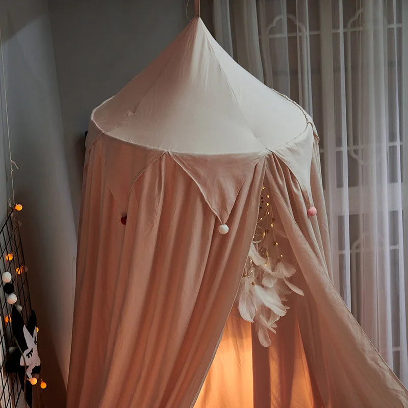 Kids Bed Canopy with Tassels & Frill Detail – White, Pink & Grey Nursery Decor