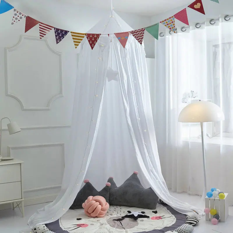 Kids Bed Canopy with Tassels & Frill Detail – White, Pink & Grey Nursery Decor