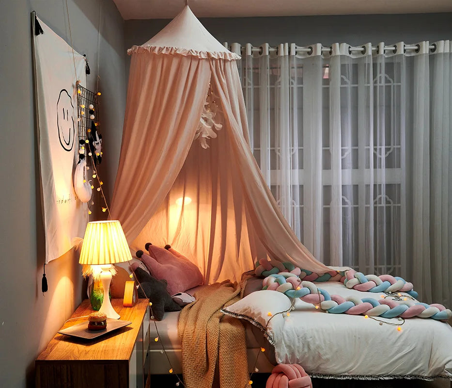Kids Bed Canopy with Tassels & Frill Detail – White, Pink & Grey Nursery Decor