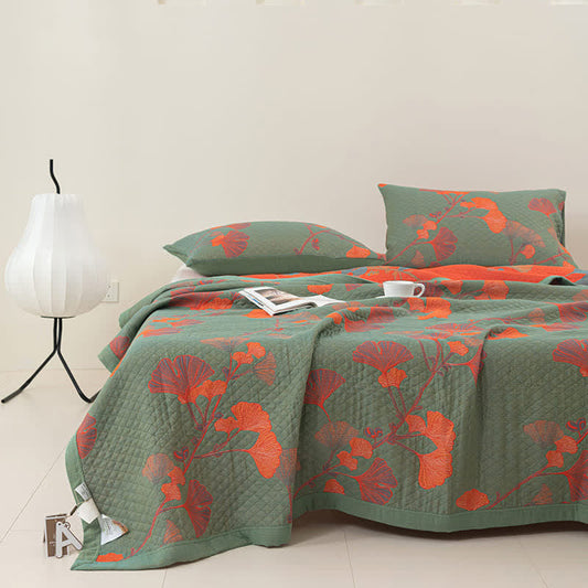 Orange Ginkgo Leaf Cotton Quilt – Soft, Reversible & Breathable