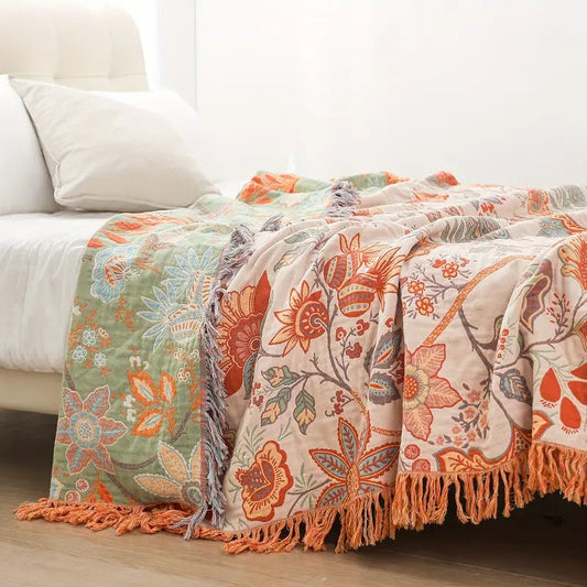 Rustic Boho Throw Blanket – Soft Floral Patterned Lounge or Bed Cover